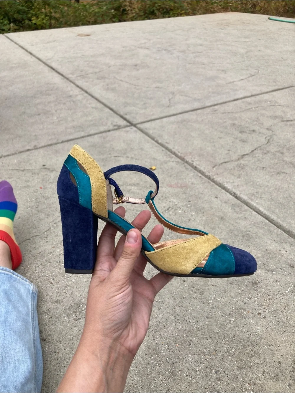 Seychelles Teal, Navy & Mustard Suede T-Strap Heels